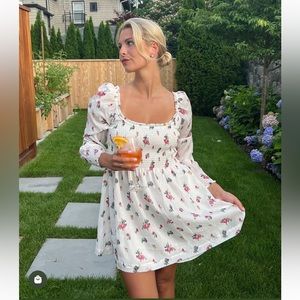 Hill House Norah nap mini dress long sleeve Ivory Ikat Floral Crushed Taffeta